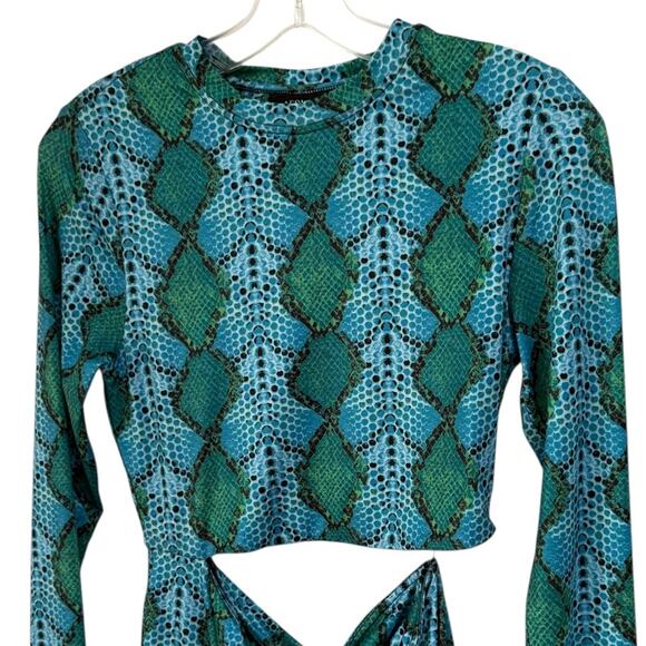 AFRM: Iman Snakeskin Print Cutout Long Sleeve Minidress in Teal Snake – Med - Picture 4 of 6